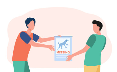 Dog owner showing lost pet poster to man. Person searching for missing animal flat vector illustration. Losing pet concept for banner, website design or landing web page