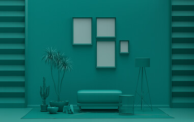 Interior room in plain monochrome dark green color, 4 frames on the wall with furnitures and plants, for poster presentation, Gallery wall. 3D rendering