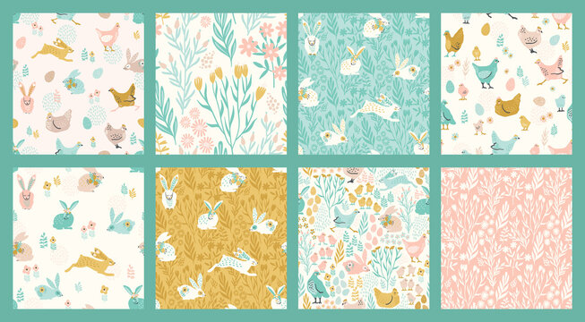 Vector seamless patterns with bunnies and chicken for Easter and other use.