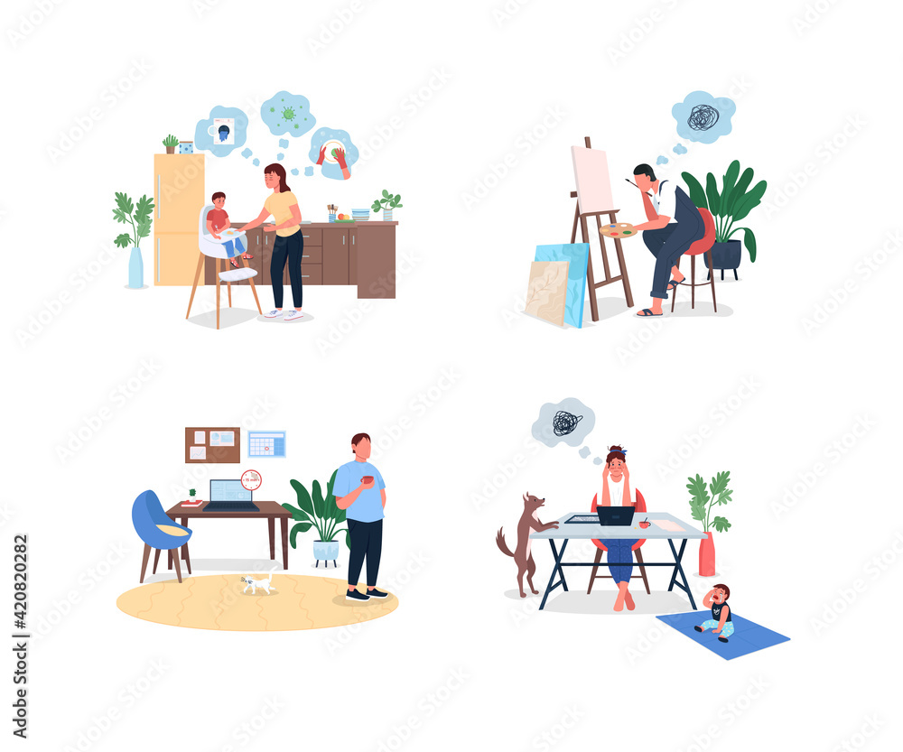 Poster stressed remote worker flat color vector faceless and detailed character set. working mother. burnou