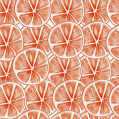 Bright raster pattern with slices of citrus fruit. Colored pencil drawn orange. Seamless tracery.