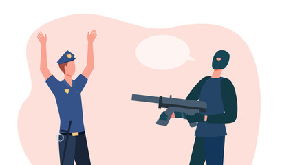 Criminal man in mask pointing gun weapon at police officer. Policeman person holding hands up flat vector illustration. Crime concept for banner, website design or landing web page