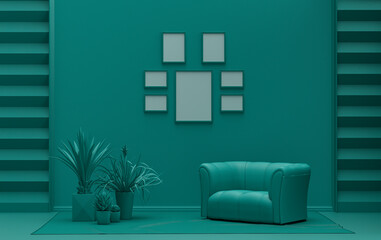 Mock-up poster gallery wall with six frames in solid pastel dark green room with single chair and plants, 3d Rendering