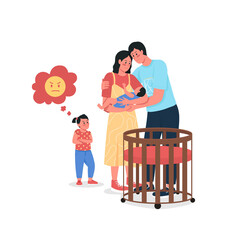 Parents with baby and upset daughter flat color vector detailed characters. Jealous girl. Newborn infant. Family conflict isolated cartoon illustration for web graphic design and animation