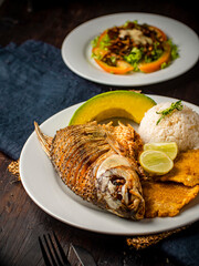 pescado frito con arroz patacones y aguacate