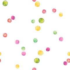 Seamless pattern with watercolor chaotic multicolored peas isolated on white background.