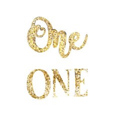 watercolor illustration. Golden word one on white background