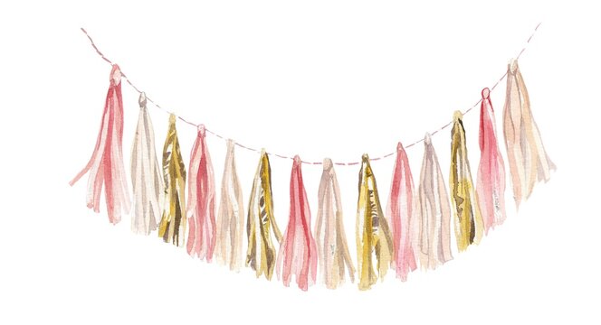 Watercolor Illustration. Pink And Gold Paper Garland Tassel. Design For Birthday, Baby Shower, Party, Wedding