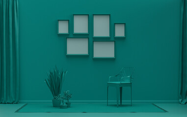 Poster frame background room in flat dark green color with 6 frames on the wall, solid monochrome background for gallery wall mockup, 3d rendering
