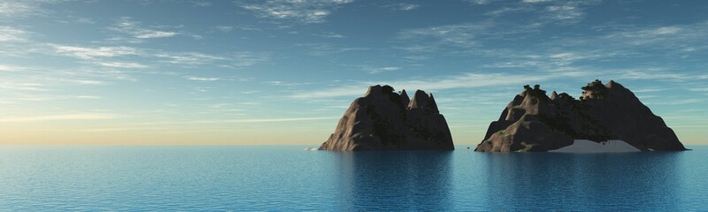 Naklejka premium Islands in the sea, rocky islands in the ocean, seascape panorama, ocean landscape with islands, 3D rendering
