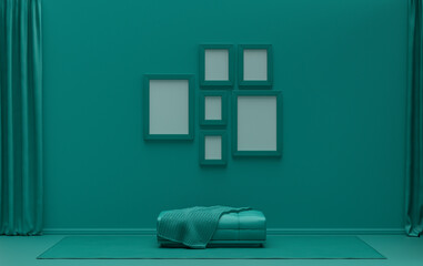 Mock-up poster gallery wall with six frames in solid pastel dark green room with middle ottoman puff without plants, 3d Rendering