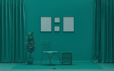 Single color monochrome dark green color interior room with single chair and plants,  4 poster frames on the wall, 3D rendering