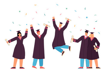 Obraz na płótnie Canvas Happy graduated students in gowns holding academic diplomas flat vector illustration. Cartoon young characters getting degree certificates. Graduation and university education concept