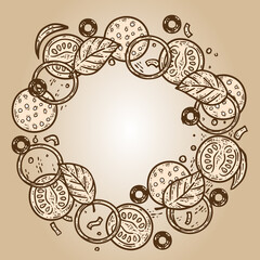 Pizza sepia ingredients are stacked in circle.