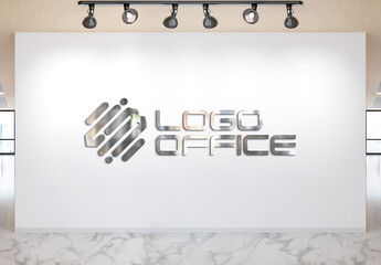 Logo on Office Wall with Glossy Metal 3D Effect Mockup