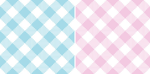 Vichy pattern set in pastel pink, blue, white. Gingham seamless check background light graphics for skirt, tablecloth, gift wrapping, other modern everyday casual spring summer fashion fabric design.