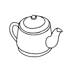 Black hand drawing illustration of a metal kettle with hot water for tea or coffee isolated on a white background