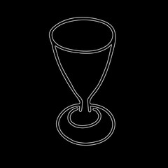 White hand drawn illustration of a transparent wine glass isolated on a black background