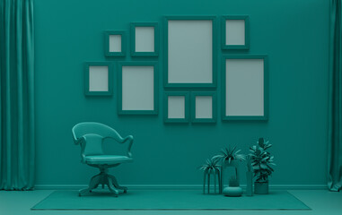 Modern interior flat dark green color room with single chair and plants, gallery wall template with 9 frames on the wall for poster presentation, 3d Rendering