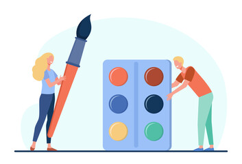 Painters man and woman holding brush and paints. Creative artists cartoon characters flat vector illustration. Painting concept for banner, website design or landing web page