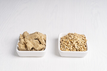 Halva, also halvah or halwa eastern homemade local sweet dessert and its main ingredient sunflower seeds served in two square plates on white wooden background. Image with copy space, horizontal - Powered by Adobe