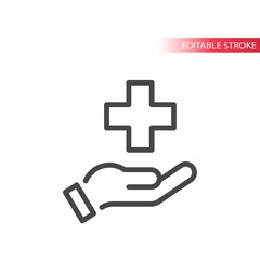Obraz premium Hand and medical cross line vector icon. Health care symbol, editable stroke.