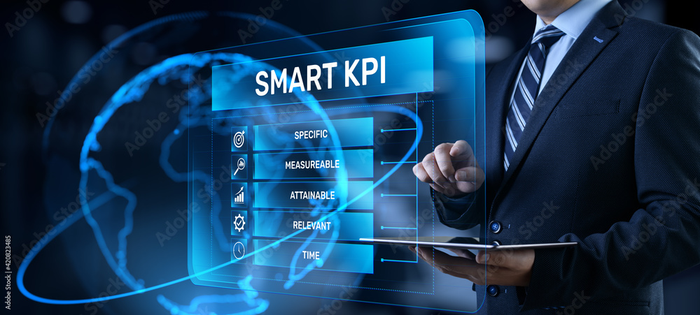 Poster smart kpi key performance indicator business technology concept on screen.