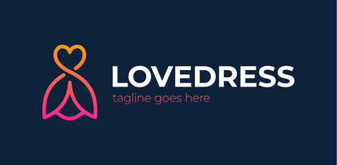 love clothing logo vector icon. Fashion boutique dress with heart shaped shoulder hanger logo