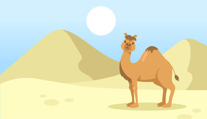 Cute one hump camel walking in desert. Wild dromedary animal cartoon character in nature. Flat vector illustration. Egypt landscape concept