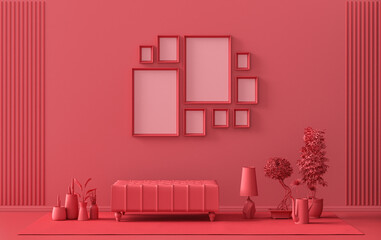 Modern interior flat dark red, maroon color room with furnitures and plants, gallery wall template with 9 frames on the wall for poster presentation, 3d Rendering