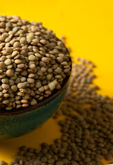 Lentils seeds  into blue ceramic bowl on yellow bright background. Modern ingredients image