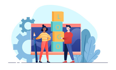 Male and female characters are working on logo design together