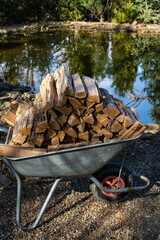 Cart with chopped wood stands on bank of garden pond. Firewood for stove and fireplace in cart close-up. Evergreen trees are reflected in mirror-clear water. Clear sunny February day.