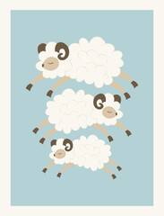 Funny fluffy sheep play leapfrog. Cute and cozy poster for a children's bedroom. Print for children's clothes, utensils, gift cards, plates, cups, goods, baby products. Logo or signboard kindergarten