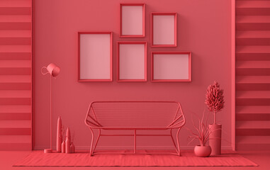 Single color monochrome dark red, maroon color interior room with furnitures and plants,  5 poster frames on the wall, 3D rendering