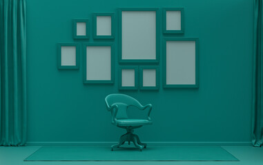 Modern interior flat dark green color room with single chair, without plant, gallery wall template with 9 frames on the wall for poster presentation, 3d Rendering