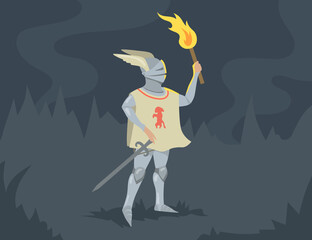 Knight standing with sword and burning torch. Brave medieval solder man person in heavy steel armor. Flat vector illustration. Chivalry, antique history concept