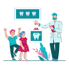 Cute boy and girl in dental clinic talking to the dentist, cartoon vector illustration isolated on white background. Dental clinic and medical services for kids.