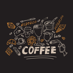 Coffee doodles set, rough drawn simple sketches, different types of coffee, ingredients and devices for making coffee. Menu for a coffee shop. Vector drawing in dark colors.
