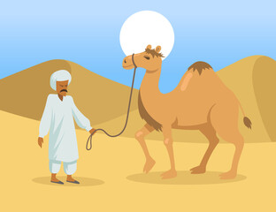 Arab man with one hump camel in desert. Wild dromedary animal and Bedouin cartoon characters in nature. Flat vector illustration. Egypt landscape concept
