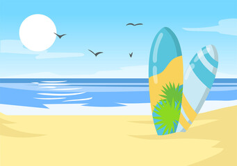 Fototapeta na wymiar Surfboards on Hawaii ocean beach. Hawaiian sea shore tropical nature. Flat vector illustration. Summer vacation travel resort, surfing sport concept