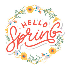 Hello Spring Flowers Text Background Frame lettering slogan