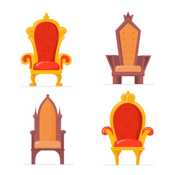 Bright colorful royal armchairs or thrones flat pictures collection. Cartoon medieval chairs for queen or king isolated vector illustrations. Antique and medieval furniture concept