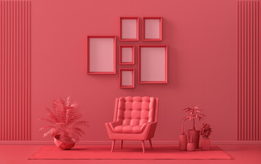Mock-up poster gallery wall with six frames in solid pastel dark red, maroon room with single chair and plants, 3d Rendering