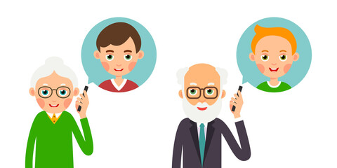 Fototapeta premium Grandmother and grandfather with phone. Elderly woman and man holds smartphone in her hand and represents image of grandson with whom she talks. Illustration isolated on white backdrop in flat style