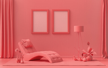 Double Frames Gallery Wall in light pink, pinkish orange color monochrome flat room with a meditation bed, furnitures and plants, 3d Rendering