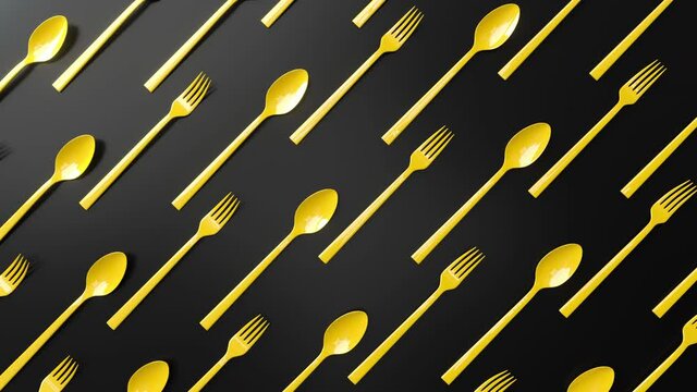 Abstract 3D render animation yellow forks and spoons moving from down to up on black background surface. Seamless loop footage. Creative concept video for cooking theme.