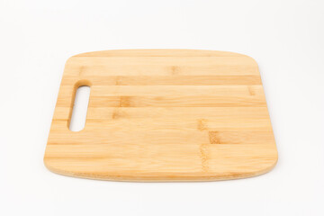 Top view high quality wood cutting board, brown wood. Chopping boards made from natural bamboo. Isolated image kitchen utensil on white background.