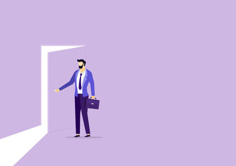 Businessman opening door. New career. Entering new opertunities. The light of success. Direction achieve goal. business success concept. Flat vector illustration