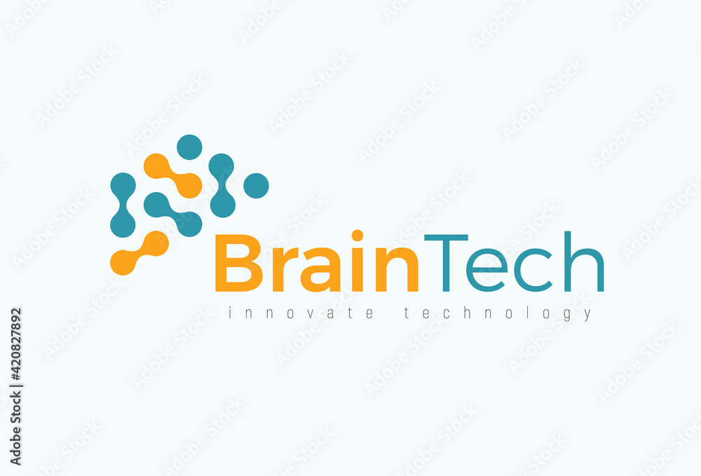 Aufkleber Brain tech logo concept for futuristic science and medical innovate technology. Computer chip icon for digital neural network, dataset, artificial intelligence. Vector logotype